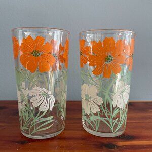 Vintage Orange White Green Floral Juice Glass Set of 2 4.5 inch Tall
